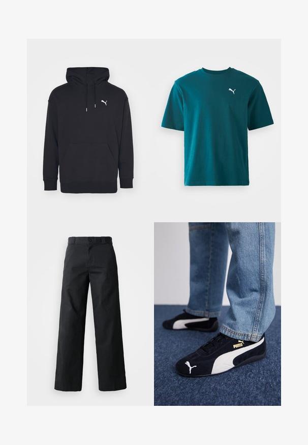 Čierna mikina s kapucňou, ktorá má klokanie vrecko, nastaviteľné šnúrky a biele logo Puma na hrudi. Vyrobená z mäkkého flísového materiálu.; Tyrkysové bavlnené tričko s krátkymi rukávmi, okrúhlym výstrihom a bielym logom Puma na ľavej hrudi; hladká textúra a bežný strih.; Čierne nohavice s širokými nohavicami z bavlny. Majú zapínanie na gombík, pútka na opasok a bočné vrecká. Hladká textúra s talianskym strihom.; Čierne semišové tenisky s bielymi akcentmi, so zlatým logom. Nosené s svetlomodrými denimovými džínsy a položené na textúrovanej modrej ploche.