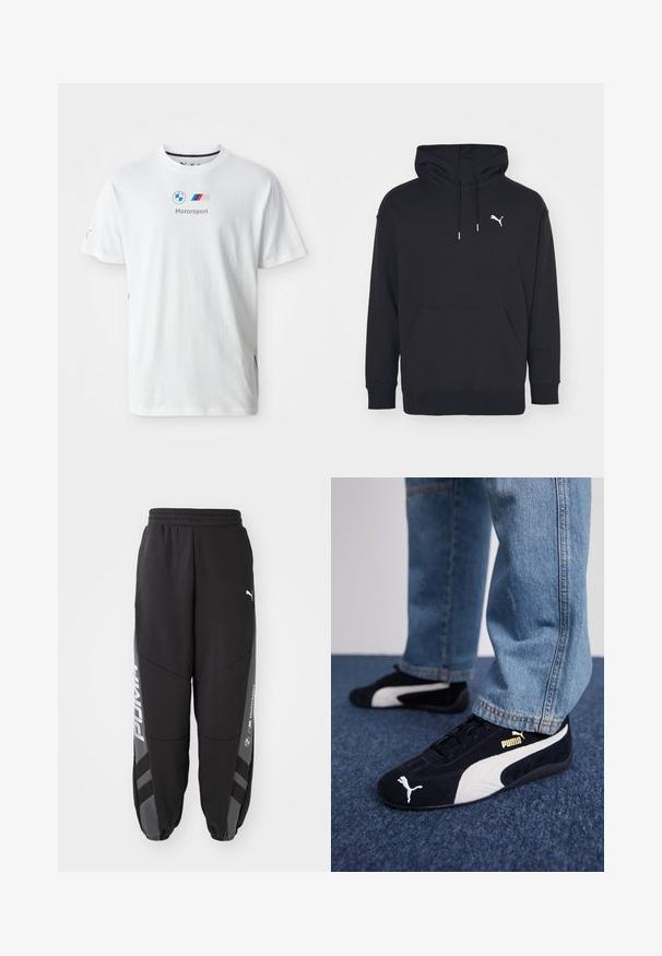 Sudadera con capucha negra, con un bolsillo tipo canguro, cordones ajustables y un logo blanco de Puma en el pecho. Fabricada en suave tejido de felpa.; Camiseta blanca de algodón con el logo de BMW, texto "Motorsport" en gris y acentos coloridos en los lados. Diseño de mangas cortas y cuello redondo.; Pantalones de chándal negros hechos de material suave. Con cinturilla elástica, piernas ajustadas, detalles en gris y logotipos blancos en los laterales.; Zapatillas de ante negras con acentos blancos, que presentan un logo dorado. Combinadas con unos jeans de mezclilla azul claro y colocadas sobre una superficie texturizada azul.