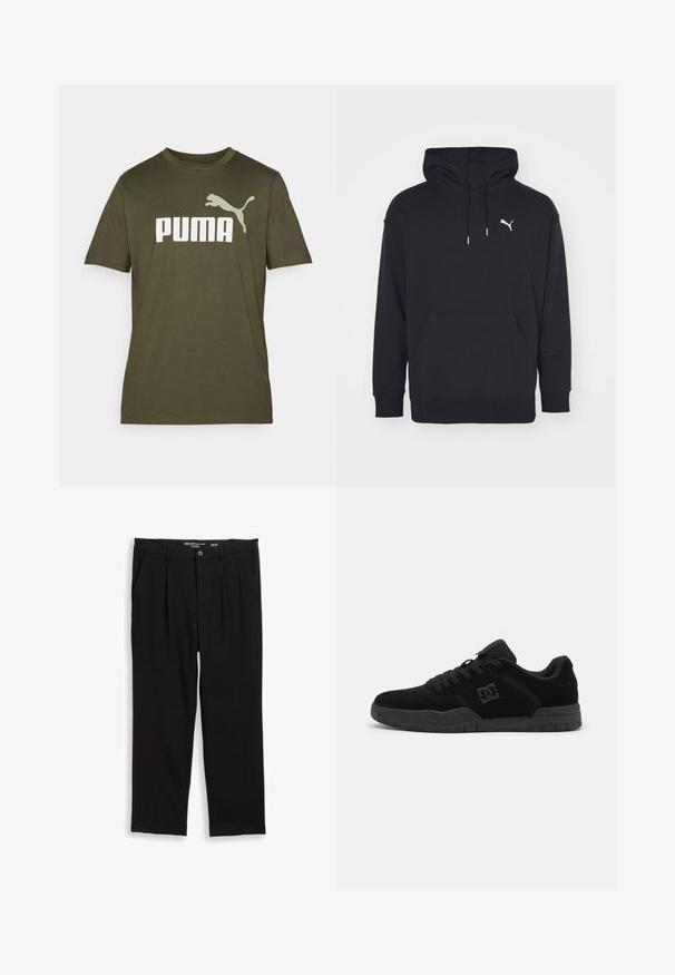 Schwarzer Kapuzenpullover mit Kängurutasche, verstellbaren Zugbändern und einem weißen Puma-Logo auf der Brust. Hergestellt aus weichem Fleece-Material.; Olivgrünes Baumwoll-T-Shirt mit einem großen weißen "PUMA"-Logo und einem springenden PUMA-Grafik auf der linken Schulter. Kurze Ärmel, Rundhalsausschnitt.; Schwarze Hosen aus weichem Stoff, mit lockerer Passform, zwei Fronttaschen und einem Knopfverschluss mit einem schmalen Bund.; Schwarze Skateschuhe aus Wildleder und Mesh, mit einem Low-Top-Design, dicker Gummisohle und Logodetail an der Seite.