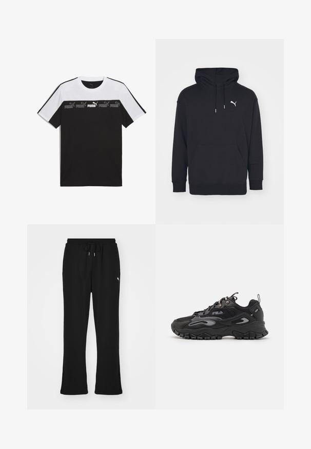 Schwarzer Kapuzenpullover mit Kängurutasche, verstellbaren Zugbändern und einem weißen Puma-Logo auf der Brust. Hergestellt aus weichem Fleece-Material.; Schwarz-weiße kurzärmlige T-Shirt aus Baumwolle, mit einem auffälligen PUMA-Logo in der Mitte und einem strukturierten Design auf der Brust.; Schwarze Jogginghosen mit elastischem Bund und Kordelzug, ausgestattet mit Seitentaschen und einem dezenten Logo am linken Bein. Weicher Stoff, schmal zulaufende Form.; Schwarze Sneaker mit einem Obermaterial aus Mesh und Synthetik, Gummisohle, abgerundeter Zehenpartie und reflektierenden Akzenten an den Seiten und Schnürsenkeln.