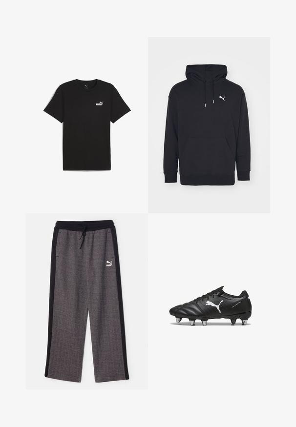 Sort hættetrøje med kangaroo-lomme, justerbare snore og et hvidt Puma-logo på brystet. Fremstillet af blødt fleece-materiale.; Sort bomulds t-shirt med korte ærmer og rund halsudskæring. Har et lille hvidt Puma-logo på det øverste venstre brystområde.; Puma RELAXED TRACK PANTS - Træningsbukser - black/alpine snow; Sorte fodboldstøvler med tekstureret materiale, hvidt Puma-logo, snørebåndslukning og metalstifter for godt greb. Designet understreger ydeevne og støtte.