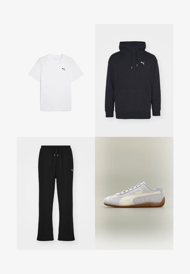 Čierna mikina s kapucňou, ktorá má klokanie vrecko, nastaviteľné šnúrky a biele logo Puma na hrudi. Vyrobená z mäkkého flísového materiálu.; Biela bavlnená tričko s krátkymi rukávmi a okrúhlym výstrihom, s malým čiernym logom Puma na hornej ľavej časti hrudníka.; Čierne teplákové nohavice s elastickým pásom a šnúrkou, so bočnými vreckami a nenápadným logom na ľavom stehne. Mäkká tkanina, rozšírený strih.; Svetlosivá semišová teniska Puma s bielym pásikovým detailom a gumovou podrážkou, pohľad z vonkajšej strany na neutrálne pozadie.