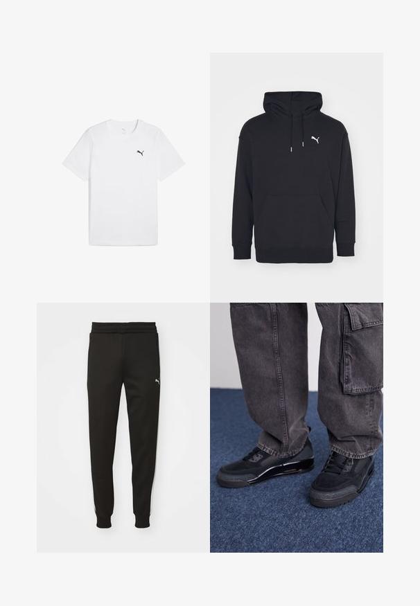 Čierna mikina s kapucňou, ktorá má klokanie vrecko, nastaviteľné šnúrky a biele logo Puma na hrudi. Vyrobená z mäkkého flísového materiálu.; Biela bavlnená tričko s krátkymi rukávmi a okrúhlym výstrihom, s malým čiernym logom Puma na hornej ľavej časti hrudníka.; Čierne športové nohavice so zúženým strihom, elastickým pásom, bočnými vreckami a bielymi postrannými pruhmi. Majú malé logo na ľavom stehne.; Čierne športové topánky s textúrovaným povrchom, hladkými akcentmi a masívnou podrážkou, skombinované so šedými, voľnými cargo nohavicami.