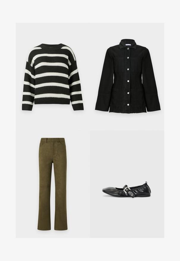 Sort-hvid stribet striktrøje med rund halsudskæring og lange ærmer. Stoffet har et tekstureret, vævet udseende.; Sort denimjakke med krave, sølvknaplukning, to forlommer og brede ærmer. Glat tekstur med en tætsiddende silhuet.; Oliven grøn ruskinds lige ben bukser med bælteløkker, frontlommer og en baglomme på hvid baggrund.; Sorte læder flade sko med spids tå, samling detaljer omkring åbningen, og en sølv spænde accent på den justerbare rem.