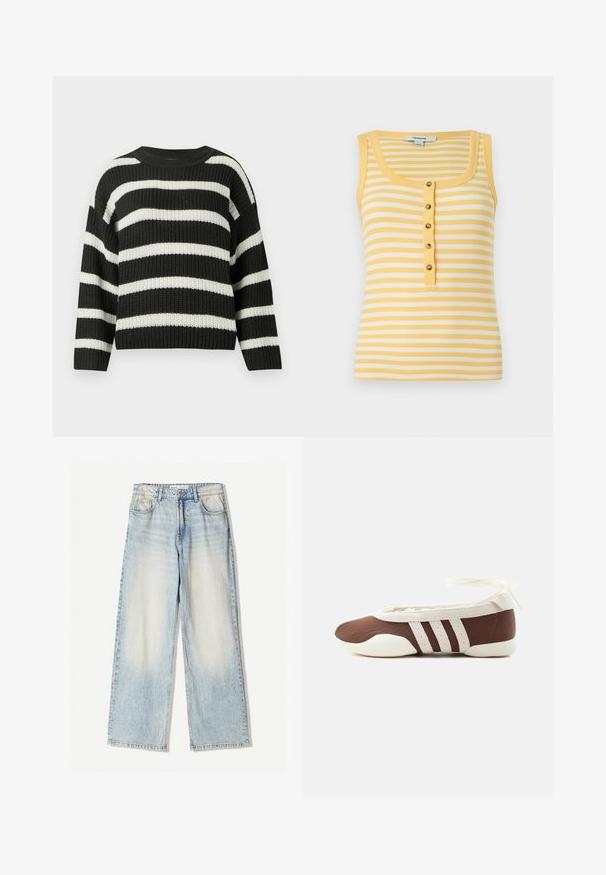 Sort-hvid stribet striktrøje med rund halsudskæring og lange ærmer. Stoffet har et tekstureret, vævet udseende.; Ærmeløs ribbet tanktop med horisontale gule og hvide striber, rund halsudskæring og fem centrale knapper på en gul stolpe.; Lyseblå denimbukser med vid ben, der har fem lommer, subtil falmning og synlige sømme langs kanterne.; Brun og hvid balletflad sko med tre hvide striber og ankelbånds sløjfe på en ensartet lys baggrund.