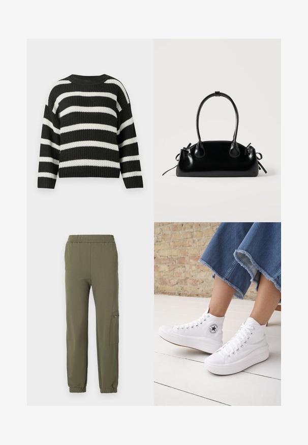 Suéter de punto a rayas en blanco y negro con cuello redondo y mangas largas. La tela tiene un aspecto texturizado y tejido.; Pantalones jogger en verde oliva con cintura elástica, puños ajustados y un bolsillo lateral tipo cargo con detalle de cremallera. Tela suave y elástica.; Persona que lleva zapatillas Converse altas blancas con suelas gruesas y vaqueros azules recortados con dobladillo deshilachado frente a una pared de ladrillos y suelo blanco.; Pequeño bolso negro brillante con dos asas largas y detalles de cordón lateral sobre un fondo claro liso.