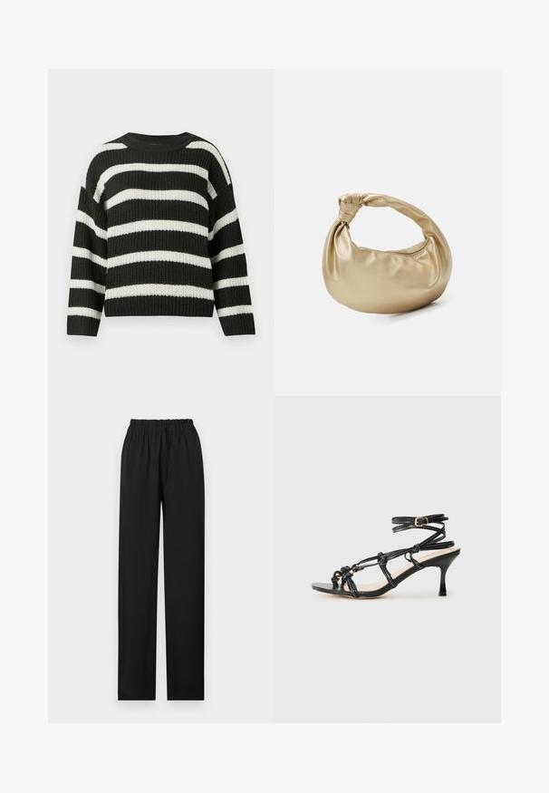 Pull en tricot rayé noir et blanc avec un col rond et des manches longues. Le tissu a une apparence texturée et tissée.; Pantalon noir à jambes droites avec ceinture élastique et cordon de serrage, présenté à plat sur un fond blanc.; Sandale à talons hauts en cuir verni noir avec un design à lanières, sangle de cheville ajustable et détails noués. Texture lisse, bout pointu.; Sac à main en métal doré avec une texture lisse et brillante. Il possède une anse nouée et une forme arrondie et douce. Fermeture zippée sur le dessus.
