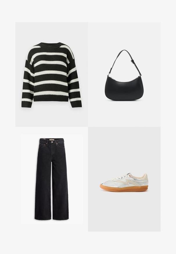 Sort-hvid stribet striktrøje med rund halsudskæring og lange ærmer. Stoffet har et tekstureret, vævet udseende.; Sorte brede benjeans lavet af denim, med fem lommer, kobbernitter og en klassisk knaplukning. Glat tekstur med et rent design.; Metallic sølv sneakers med beige accenter, rund tå og en tan gummisål. Har en glat tekstur og minimalistisk design.; Pieces PCALUANA SHOULDER BAG - Håndtasker - black