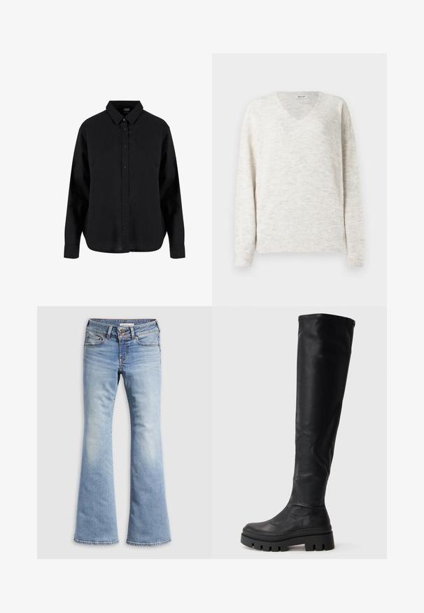V-hals gebreide trui in lichtbeige met een zachte, gestructureerde afwerking. Heeft lange mouwen en geribbelde boorden aan de manchetten en zoom voor een aansluitende pasvorm.; Zwarte lange mouwen blouse met knopen, gemaakt van katoen, met een klassieke kraag, voorknoopsluiting en een ontspannen pasvorm met een gebogen zoom.; Lichtblauwe wijde jeans gemaakt van denim. Voorzien van een knoopsluiting, vijf zakken en een vervaagde textuur met naadloze zomen.; Zwarte kniehoge laars met een chunky loopzool en een gladde afwerking, met een ronde neus en een licht slouchy bovenkant.