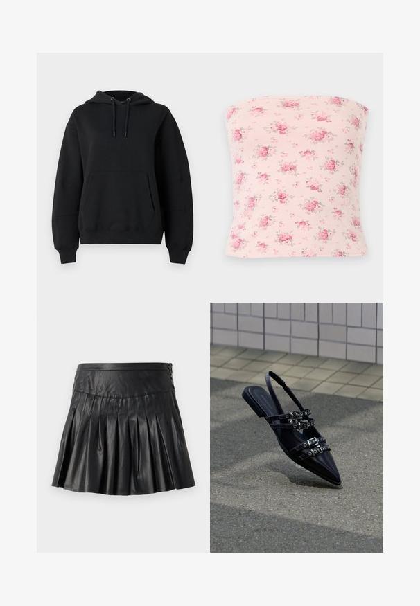 Sort oversized hættetrøje med snore, ribbede manchetter, foran kængurulomme og en afslappet pasform på hvid baggrund.; Lyserød stropløs top med et spredt mønster af små lyserøde og røde blomsterklaser med grønne blade.; Sort plisseret mininederdel i kunstlæder med bred linning og knapdetaljer på højre side, vist på en ensfarvet baggrund.; Sort flad sandal med spids tå, flere remme med spænder og slingback, placeret over et belagt underlag og flisevæg som baggrund.