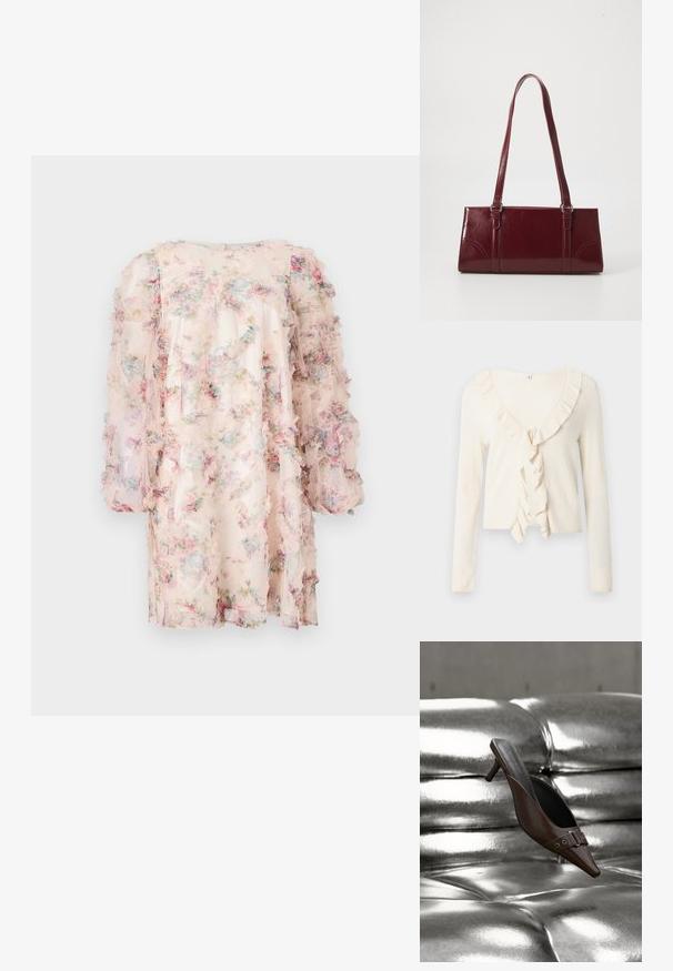 Cardigan de manga larga color crema con textura acanalada y diseño de escote en V con volantes y cierre de lazo en la parte delantera.; Vestido floral hecho de una tela ligera y transparente con mangas con volantes. Presenta una paleta de colores pastel con patrones florales en rosa, azul y verde.; Mule de tacón marrón con punta puntiaguda y detalle de hebilla, flotando sobre una superficie de cuero plateado brillante y capitoné.; Bolso burdeos hecho de material brillante, de forma rectangular, con dos asas para el hombro y sutiles acentos curvados en la parte frontal.