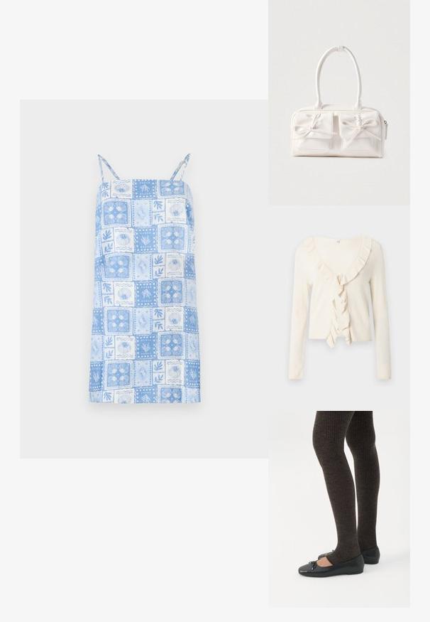 Cardigan de manga larga color crema con textura acanalada y diseño de escote en V con volantes y cierre de lazo en la parte delantera.; Vestido sin mangas de color azul claro con diseño de patchwork cuadrado, presenta patrones florales y de conchas, tirantes ajustables y dobladillo recto.; Piernas con leggings oscuros acanalados combinados con bailarinas negras que presentan pequeños detalles de lazo sobre un fondo blanco.; Bolso sintético blanco con dos bolsillos delanteros, cada uno con un detalle de lazo atado. Textura suave, asas redondeadas y cierre de cremallera.