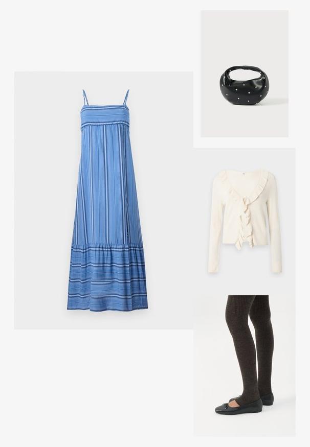 Kreemivärviline pikemate varrukatega kardigan, millel on sooniline tekstuur ja volangidega V-kaelus ning ees lipsuga kinnis.; Hollister Co. BABYDOLL MAXI - Maksikleit - dark blue/white; Jalad seljas tumedad soonelises soonelises kombines mustade baleriinadega, millel on väikesed paelade detailid valgel taustal.; Mustast nahast ümmarguse kujuga käekott, kaunistatud hõbedaste naeladega, lühikese sangaga. Sile tekstuur ja tõmblukuga sulgemine.
