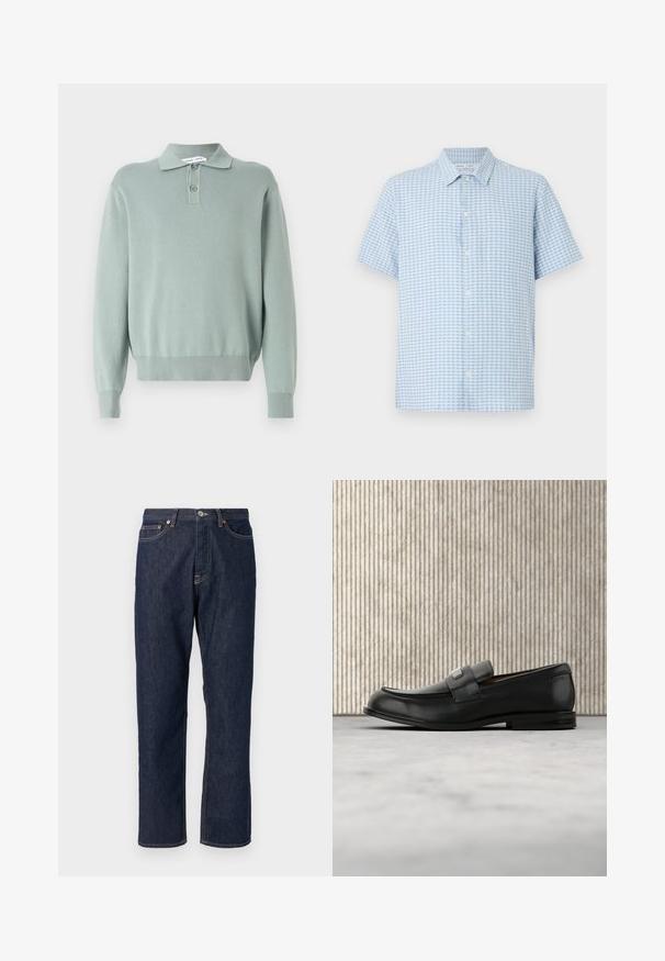 Lysegrøn strikket pullover med polo-krave, to knapper, ribbede manchetter og kant. Blød tekstur og afslappet pasform.; Lyseblå og hvide kortærmede skjorte med småternet mønster og klassisk krave på hvid baggrund.; Mørkeblå denim jeans med lige ben-design. Har knappelukning og lynlås, fem lommer og kontraststikningsdetaljer.; Sort læderloafer med metalbrandskilt hvilende nær et brunt rundt bord på beige tæppe.