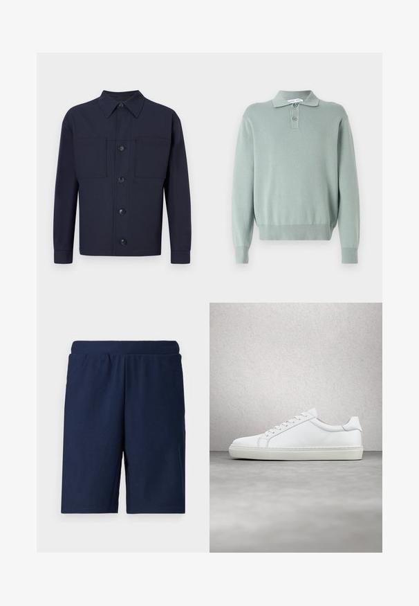Hele roheline kudumine pullover kuid polo krae, kaks nuppu, ribatud varrukaotsad ja serv. Pehme tekstuur ja lõdvendatud sobivus.; Tumesinine nööpidega jakk, mis on valmistatud sileda tekstuuriga kangast. Sisaldab kaht rinnataskut ja teravat kraed, neli esimest nööpaukku.; Tume sinine sportlikud lühikesed püksid ribaga tekstuuriga, elastse vöökoha ja sirge lõikega, kavandatud mugavuseks ja liikumise vabaks.; Valge tennisetoss, millel on sile nahk pealis ja madal profiil. Omab ümarat ninaosa, kuut silmust ja tekstuuriga kummist talda.