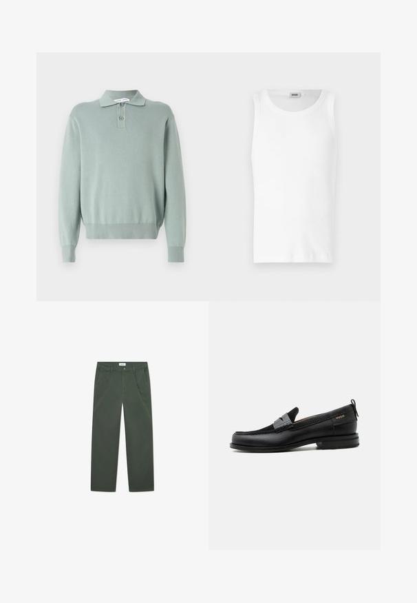 Lysegrøn strikket pullover med polo-krave, to knapper, ribbede manchetter og kant. Blød tekstur og afslappet pasform.; Hvid bomulds tanktop uden ærmer med rund halsudskæring og en glat tekstur. Enkel design, ingen mønstre eller accenter.; Mørkegrønne bomuldsbukser med lige ben-design, forlommer og knaplukning i taljen. Glat tekstur, uden mønstre.; Sort læderloafer med grå remdetalje, lav hæl og tekstureret sål, mærket med "HUGO" i guld på siden.