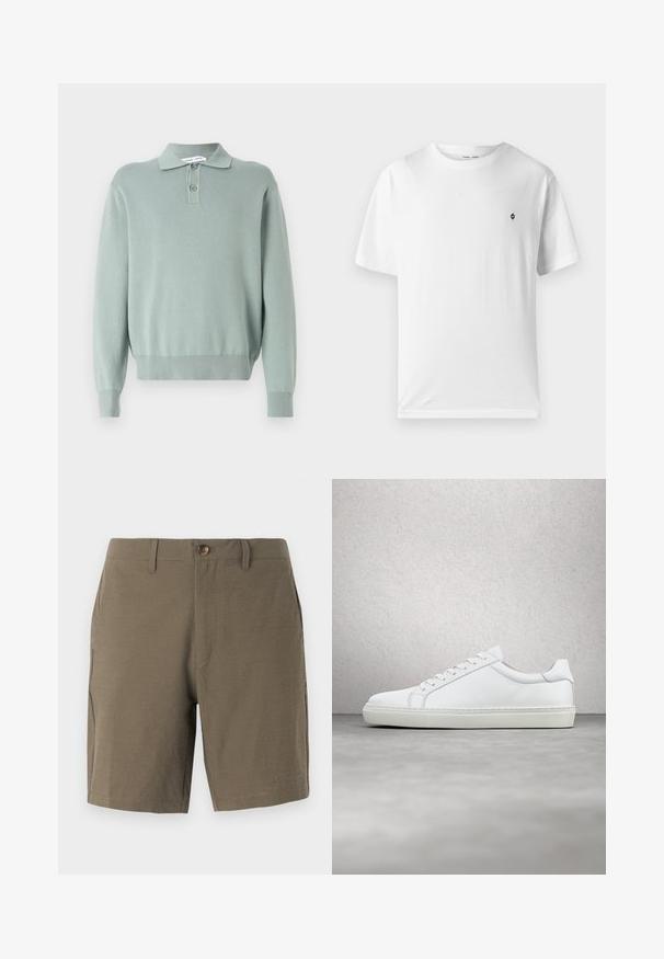 Suéter de punto verde claro con cuello tipo polo, dos botones, puños y dobladillo acanalados. Textura suave y ajuste relajado.; Camiseta blanca de algodón con cuello redondo, mangas cortas y un pequeño logo negro en el pecho. Textura suave, corte casual.; Pantalones cortos en verde oliva hechos de un tejido texturizado, con cierre de botón y frente plano, y con bolsillos laterales para mayor funcionalidad.; Zapatilla blanca con parte superior de cuero liso y perfil bajo. Presenta una puntera redondeada, seis ojales y una suela de goma texturizada.