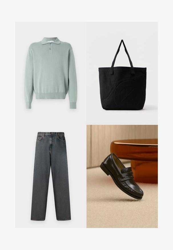 Lysegrøn strikket pullover med polo-krave, to knapper, ribbede manchetter og kant. Blød tekstur og afslappet pasform.; Mørkegrå denimjeans med lige ben, fem lommer og en knap- og lynlås-lukning. Stofmet har diskret falming og syninger.; Skinnende sort læderloafer med remdetalje, placeret på beige tæppe nær et rundt brunt sofabord i et blødt oplyst rum.; Sort canvas-tote-taske med to skulderstropper og et diskret præget cirkeldesign på fronten.