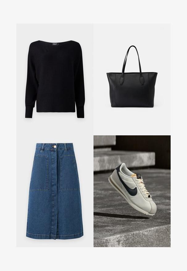 Pull en tricot noir à côtes avec un large décolleté, des manches longues et une coupe ample, présentant un tissu texturé et un design minimaliste.; Jupe en denim bleu foncé longueur genou avec fermeture boutonnée à l'avant, passants pour ceinture et deux grandes poches plaquées à l'avant.; Baskets blanches Nike Cortez avec logo swoosh noir, semelle beige et lacets, positionnées au-dessus de marches en béton gris et d'un sol gris.; Sac en cuir noir avec deux poignées robustes, présentant une texture lisse, une forme rectangulaire et des détails de couture subtils le long des bords.