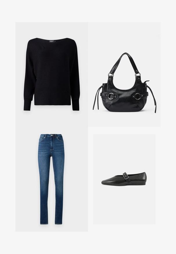 Schwarzer gerippter Strickpullover mit weitem Ausschnitt, langen Ärmeln und lockerer Passform, ausgestattet mit strukturiertem Stoff und minimalistischem Design.; Hochgeschnittene Skinny-Jeans aus mittelblauem Denim mit klassischem Fünf-Taschen-Design und Knopfverschluss.; Schwarze Lederflachschuhe mit spitzem Zehenbereich, ausgestattet mit einem metallischen Riemen über dem Spann und einer niedrigen, flexiblen Sohle.; Schwarze Lederhandtasche mit runder Form, ausgestattet mit zwei seitlichen Schnallen, glatter Textur und einem kurzen Schulterriemen. Akzente sind seitliche Quasten.