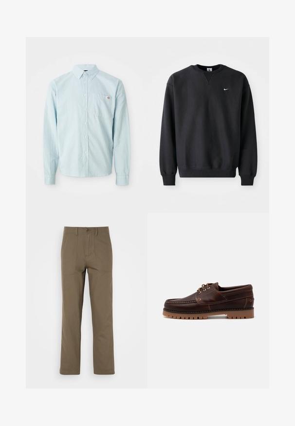 Zwarte Nike sweatshirt met ronde halslijn en lange mouwen, voorzien van het iconische swoosh-logo in het wit op de borst.; Lichtblauw overhemd met lange mouwen en knoopsluiting, met een geknoopte kraag en borstzak die voorzien is van een klein rood-wit logo patch.; Khaki katoenen broek met een recht model, voorzien van twee voorzakken, een knoopsluiting en een gladde structuur.; Bruine leren bootschoen met stikdetails, vetersluiting en robuuste rubberen zool met textuurprofielen voor grip.