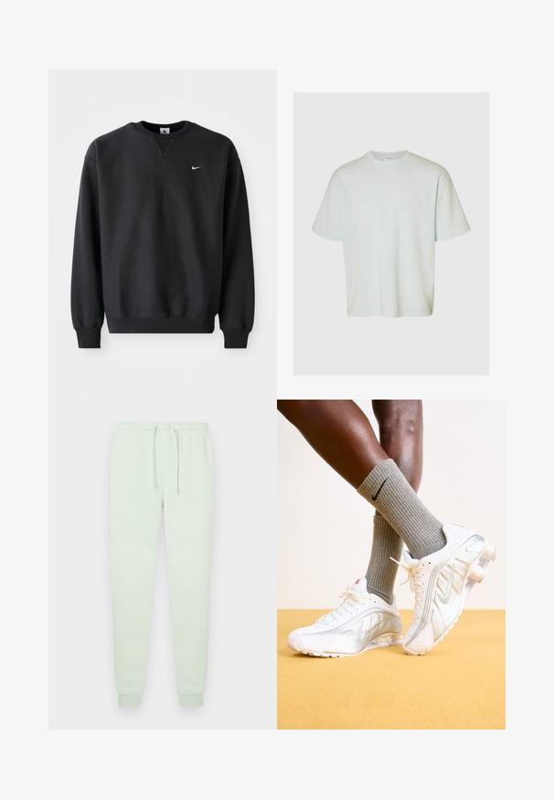 Sort Nike sweatshirt med rund halsudskæring og lange ærmer, med det ikoniske swoosh-logo i hvidt på brystet.; Selected SLMLOOSEOSCAR - T-shirts basic - ice melt; Lysegrønne joggingbukser lavet af blødt stof med elastisk linning med snøre, tilspidsede ben og et diskret logo nær hoften.; Nike sneakers i hvid med sølv accenter, der har teksturerede paneler og perforeringer. Sammen med grå ribbede sokker, sat mod en gul baggrund.