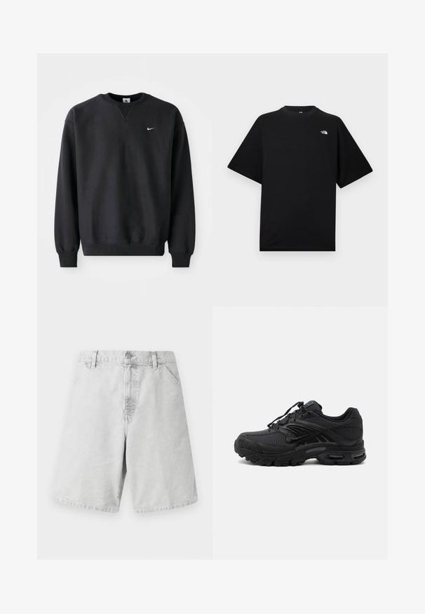 Zwarte Nike sweatshirt met ronde halslijn en lange mouwen, voorzien van het iconische swoosh-logo in het wit op de borst.; Zwart T-shirt met korte mouwen en ronde hals, met een klein wit The North Face-logo op de linkerborst.; Lichtgrijze katoenen shorts met een klassieke snit, voorzien van een ritssluiting, riemlussen en zijzakken. Gladde textuur met een eenvoudig ontwerp.; Zwarte atletische sneaker met textuurstof, dikke gevoerde zool, luchtopeningen en vetersluiting, vanaf de zijkant weergegeven tegen een lichte achtergrond.