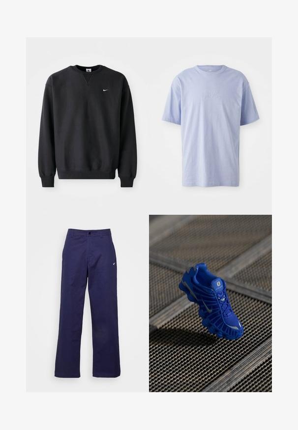 Zwarte Nike sweatshirt met ronde halslijn en lange mouwen, voorzien van het iconische swoosh-logo in het wit op de borst.; Lichtblauwe katoenen T-shirt met een ronde hals en korte mouwen. Kenmerkt zich door een reliëf "nike" logo op het midden van de voorkant. Zachte textuur.; Nike Sportswear PANT - Broek - midnight navy/(white); Blauwe sportschoen met een bovenwerk van mesh, een gestructureerd ontwerp en een opvallende zool met duidelijke dempingselementen en reflecterende accenten.