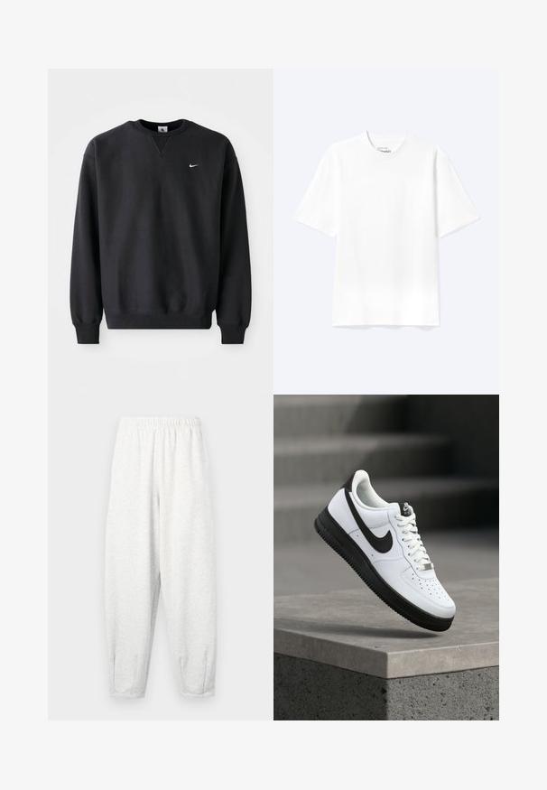 Schwarzer Nike-Sweatshirt mit Rundhalsausschnitt und langen Ärmeln, mit dem ikonischen Swoosh-Logo in Weiß auf der Brust.; Schlichtes weißes T-Shirt mit kurzen Ärmeln und Rundhalsausschnitt in entspannter Passform, auf hellem Hintergrund dargestellt.; Hellgraue Sweatpants aus weichem Stoff, mit einem elastischen Bund, schmal zulaufenden Beinen und Fußbündchen. Einfaches Design ohne Muster.; Weißer Ledersneaker mit schwarzen Akzenten, abgerundetem Zehenbereich und perforierten Details. Schwarze Gummisohle mit strukturiertem Muster und Schnürverschluss.