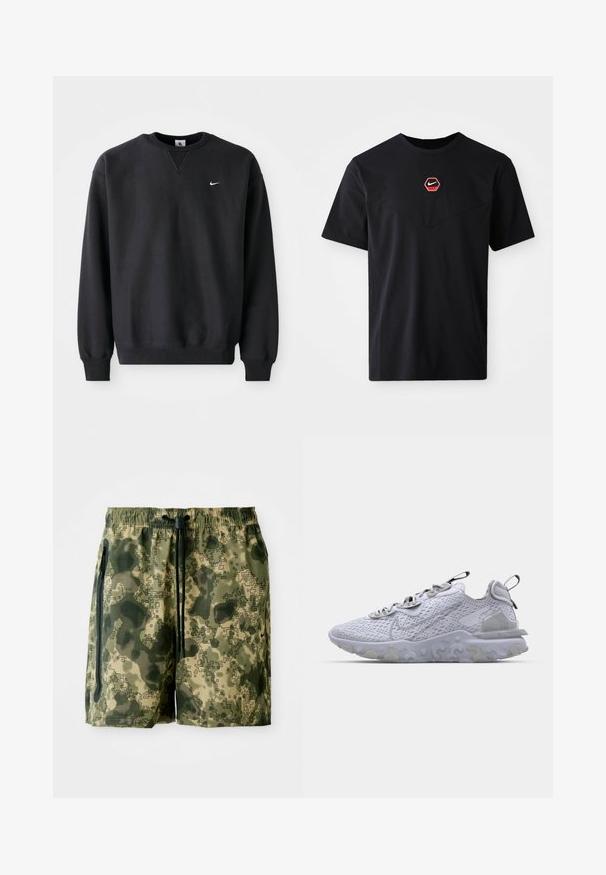 Zwarte Nike sweatshirt met ronde halslijn en lange mouwen, voorzien van het iconische swoosh-logo in het wit op de borst.; Zwart T-shirt met korte mouwen van katoen, met een zeshoekig rood-wit Nike-logo op de borst en een ronde hals.; Camouflage zwembroek in groene tinten, gemaakt van lichtgewicht stof, met een elastische tailleband, een trekkoord en zijzakken.; Lichtgrijze sportschoen met een ademend mesh bovenwerk, een geprofileerde rubberen zool en reflecterende accenten. Bevat een gevoerde kraag en een vetersluiting.