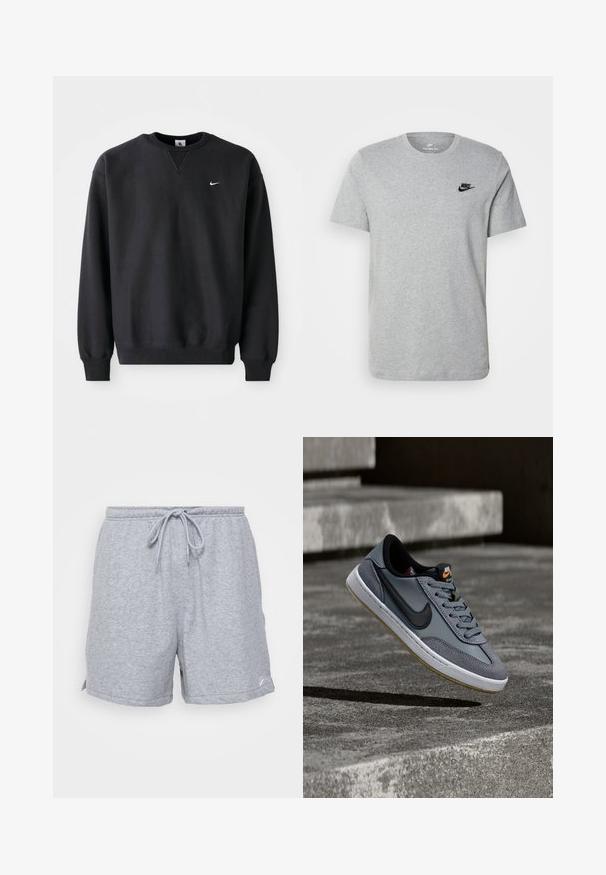Sudadera negra de Nike con cuello redondo y mangas largas, con el icónico logo de swoosh en blanco en el pecho.; Camiseta de manga corta gris de algodón, con un logo negro de Nike en el pecho y un cuello redondo. Diseño minimalista sin patrones.; Pantalones cortos deportivos de algodón gris con cintura ajustable con cordón, bolsillos laterales y un pequeño logotipo en el dobladillo inferior.; Zapatilla Nike de cuero y ante gris, con el logo swoosh negro, entresuela blanca y suela exterior de goma texturizada con detalles en color gomoso.