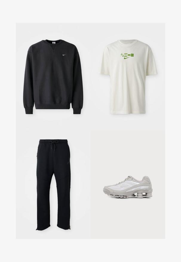 Sweatshirt noir Nike avec un col rond et des manches longues, orné du logo emblématique en blanc sur la poitrine.; T-shirt en coton blanc avec un imprimé graphique vert portant le mot "NIKE" et le logo. Manches courtes et col rond. Texture lisse.; Pantalons de sport noirs avec taille élastique et cordon de serrage, dotés de poches latérales, de jambes fuselées et de zips aux chevilles. Texture lisse.; Baskets de sport grises et blanches avec semelle à coussin d'air visible et panneaux en mesh, présentées de profil sur un fond clair uni.