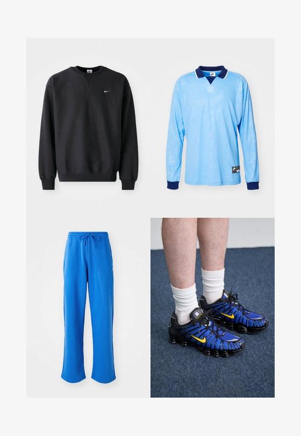 Sort Nike sweatshirt med rund halsudskæring og lange ærmer, med det ikoniske swoosh-logo i hvidt på brystet.; Lyseblå langærmet polo trøje med marineblå krave og manchetter, med et diskret all-over mønster og Nike-logo på den nederste kant.; Jordan PANT - Træningsbukser - sport blue/white; Blå og sorte sportssko har et mesh-design, gule accenter og en segmenteret sål. Bæres med hvide ankelstrømper.