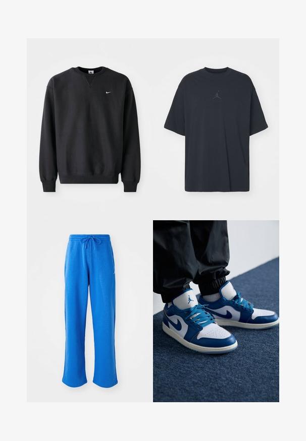 Zwarte Nike sweatshirt met ronde halslijn en lange mouwen, voorzien van het iconische swoosh-logo in het wit op de borst.; Zwarte katoen T-shirt met een losse pasvorm, ronde hals, korte mouwen, met een subtiele logo en de tekst "AIR" boven het logo in het midden.; Jordan PANT - Trainingsbroek - sport blue/white; Nike Air Jordan sneakers hebben een witte leren basis met blauwe synthetische accenten, een geperforeerde neusdoos en blauwe veters.