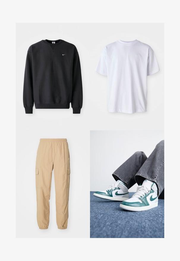 Must musta musta, millel on ümmargune kaelus ja pikad varrukad, ning rinnal on ikooniline valge swoosh logo.; Valge puuvillane T-särk ümarate kaelustega ja lühikeste varrukatega. Toode on kaunistatud vasakul rinnal samme värvi peene tikandiga logoga.; Beežid cargo püksid, mis on valmistatud kergest kangast, elastse vöökoha, kahe külje tasku ja elastsete kinnitustega pahkluude juures.; Valged ja teal nahast kõrged tennisekotid, millel on perforatsioonidega varvas, valged nöörid ja tekstureeritud tald, kantud hallide laia säärega pükste juurde.