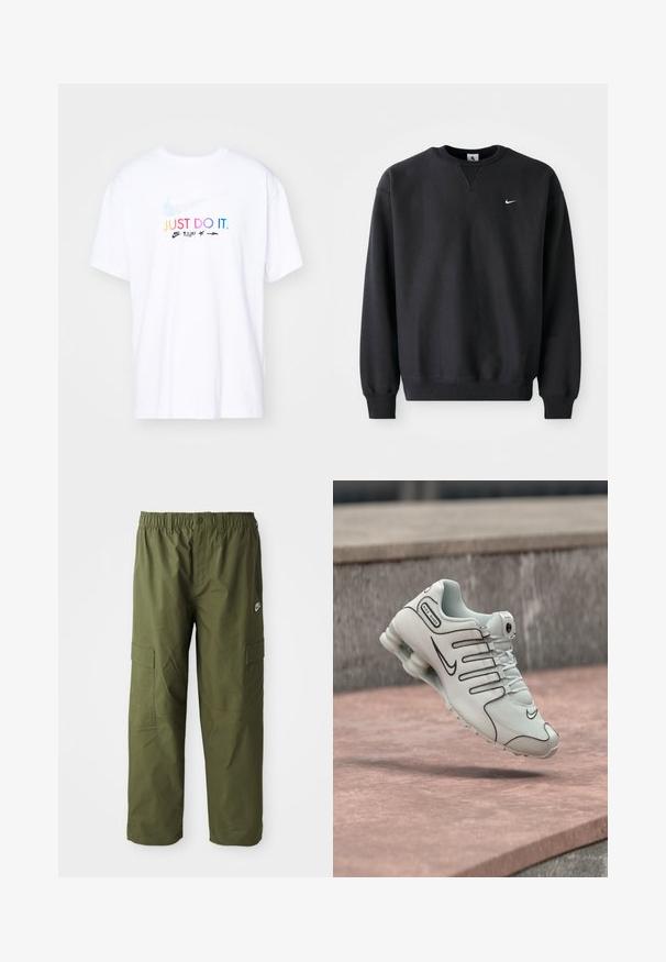 Schwarzer Nike-Sweatshirt mit Rundhalsausschnitt und langen Ärmeln, mit dem ikonischen Swoosh-Logo in Weiß auf der Brust.; Weißes Baumwoll-T-Shirt mit kurzen Ärmeln, das auf der Vorderseite den mehrfarbigen Text "JUST DO IT." und ein Nike-Logo zeigt.; Nike Cargo-Hosen in dunkelolivgrün, ausgestattet mit einem elastischen Bündchen, zwei Seitentaschen und einem glatten, leichten Stoff.; Weißer Nike Shox Sneaker mit schwarzem Logo und gepolsterter Sohle, in der Luft über einer rosafarbenen Betonfläche positioniert.