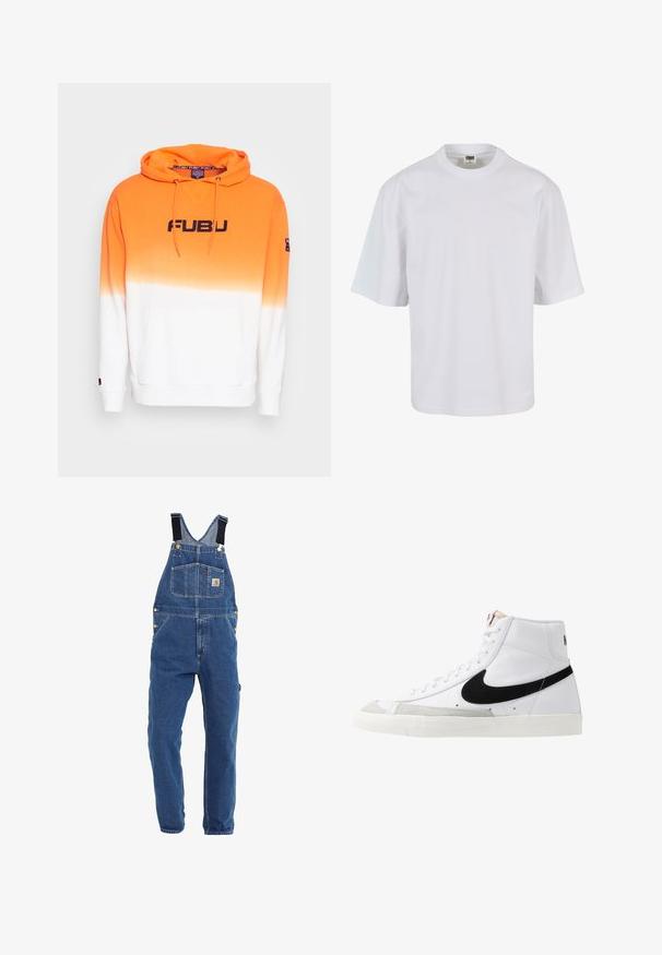 Oranžová a biela mikina s kapucňou s gradientným dizajnom, obsahujúca veľké čierne logo FUBU, šnúrky a predné vrecko. Mäkkučká látka.; Biela, krátkopyjmová tričko vyrobené z bavlny. Má okrúhly výstrih a voľný strih s hladkou textúrou a bez viditeľných vzorov či grafik.; Jeansi s nastaviteľnými čiernymi ramienkami v stredne modrom odtieni, s viacerými vreckami a kovovými detailmi.; Biele vysoké tenisky s čiernym swooshom, textúrovanou šedou špičkou a plochou bielou podrážkou. Obsahujú šesť dierok na šnúrky a prešívané akcenty.