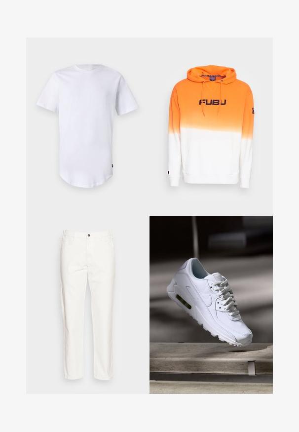 Oranje en witte hoodie met een gradient ontwerp, voorzien van een groot FUBU-logo in zwart, trekkoorden en een voorzak. Zachte stof.; Witte katoenen t-shirt met korte mouwen. Rond de hals ontwerp met een gebogen zoom. Label zichtbaar aan de onderste linkerzijde. Gladde textuur.; Witte katoenen broeken met een rechte pijp, voorzien van voorzakken, een enkele knoopsluiting en een zachte textuur.; Witte leren sneaker met gestructureerde oppervlakken, gevoerde kraag en zichtbare luchtbescherming in de zool. Heeft veters en een minimalistisch ontwerp.