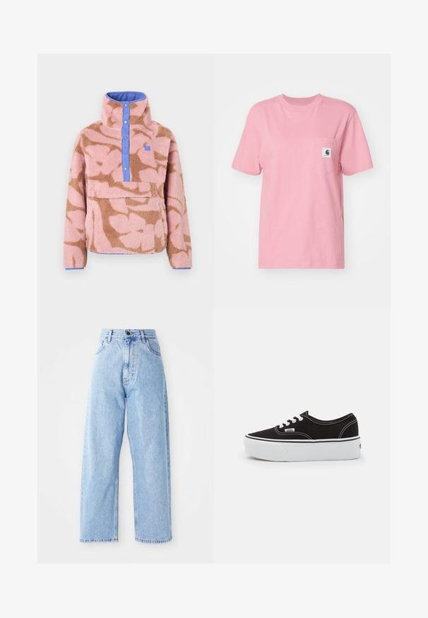 Fleece-trøje med blomstermønster i pink og brun, med høj krave, blå knaplukning og en forlomme.; Carhartt WIP POCKET - T-shirts basic - dusty rose; Højhalset lysblå denimjeans med lige vide ben, frontknap, lynlås lukning samt front- og baglommer.; Sort lærred sneakers med en hvid gummi platform sål, der har hvide snørebånd og syninger, ikonisk branding på siden, lav-top design.
