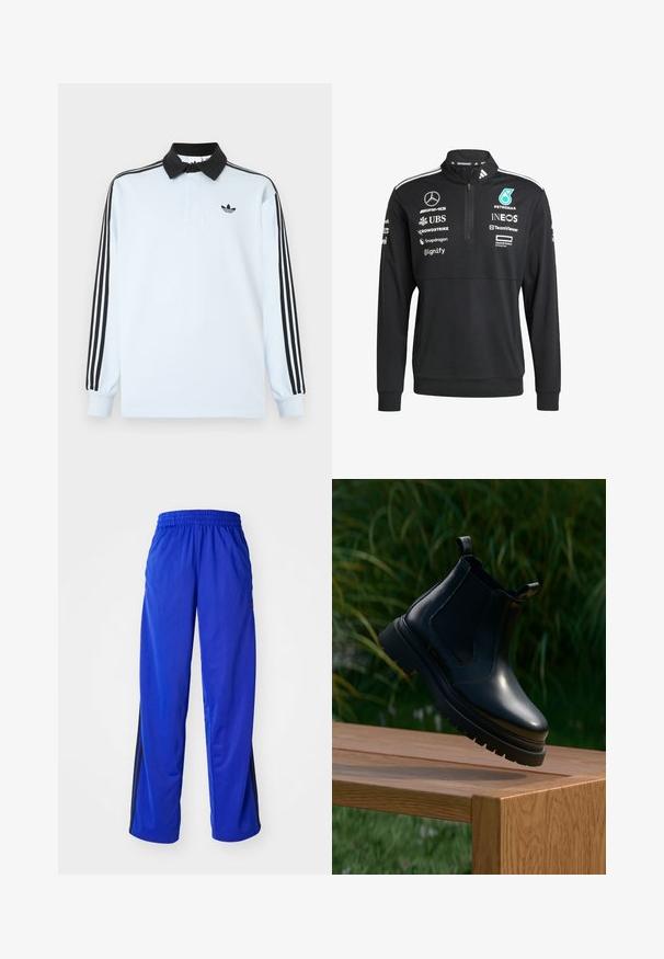 Camisa polo de manga larga azul claro con cuello negro, tres rayas negras en las mangas y un pequeño logo negro en el pecho.; Pullover negro de manga larga con cuello con cremallera, que presenta rayas blancas y múltiples logotipos en la parte frontal y en las mangas. Textura de tela suave.; Pantalones deportivos azules con cintura elástica, con rayas laterales en negro, ajuste holgado y textura suave.; Botín Chelsea negro de cuero con puntera redondeada, suela de goma gruesa y paneles elásticos laterales, exhibido sobre una superficie de madera con verdor al fondo.
