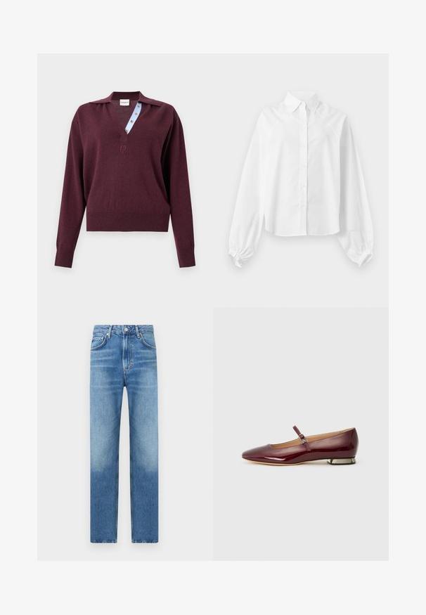 Μπλούζα με μακριά μανίκια σε μπορντό χρώμα, πλεκτή, με βαθύ V-λαιμόκοψη που δείχνει μπλε ριγέ εσωτερική πατιλέτα με κουμπιά και μικρό κεντημένο λογότυπο κάτω από τη λαιμόκοψη.; Άσπρο πουκάμισο με κουμπιά, μακριά μανίκια με φουσκωτά μανσέτες και γιακά, απλωμένο σε επίπεδη επιφάνεια σε φωτεινό φόντο.; Ανοιχτό μπλε τζιν παντελόνι με ίσια γραμμή, πέντε τσέπες και διακριτές φθορές στα κάτω άκρα. Τυπικό κουμπί και φερμουάρ.; Μπορντό παπουτσάκι από πατεντέ δέρμα, με στρογγυλή μύτη, λουράκι πάνω από τον πάτο και χαμηλή φτέρνα με μεταλλική λεπτομέρεια. Λείος υφασμάτινος τύπος.