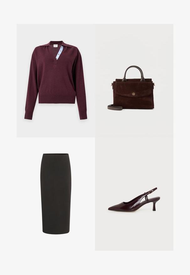 Pull en maille bordeaux à manches longues avec un profond col en V, dévoilant une patte de boutonnage intérieure rayée bleue et un petit logo brodé sous l'encolure.; Jupe crayon noire en tissu lisse, présentant une coupe ajustée, une longueur mi-mollet et une taille élastique simple.; Escarpin femme à bride arrière en cuir brun foncé, bout pointu, petit talon kitten et bride ajustable avec boucle dorée, présenté sur fond blanc.; Sac à main en daim brun foncé avec des poignées en cuir foncé, un rabat avant avec un bouton doré et une bandoulière amovible sur fond clair.