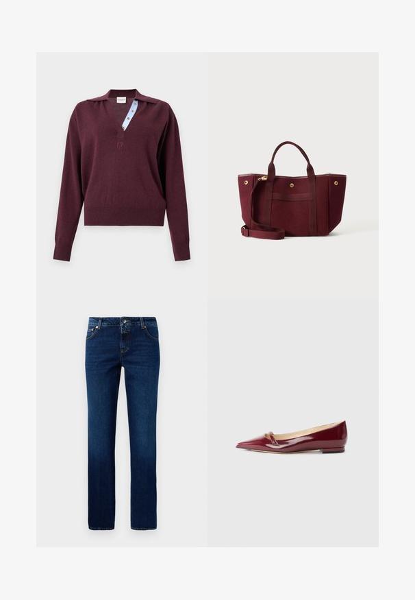 Langärmeliger burgunderroter Strickpullover mit tiefem V-Ausschnitt, der eine blau gestreifte innere Knopfleiste und ein kleines gesticktes Logo unterhalb des Halsausschnitts zeigt.; Dunkelblaue Jeans aus Denim mit geradem Bein, klassischem Bund, fünf Taschen und dezenten Nähten an den Säumen.; Burgunderfarbene Lacklederballerinas mit spitzem Zehenbereich, ausgestattet mit einem kleinen Ausschnitt und einem niedrigen Absatz. Glatte Textur und elegantes Design.; Bordeauxrote Tragetasche mit zwei Griffen, einem verstellbaren Schulterriemen und goldenen Druckknöpfen auf einfarbigem Hintergrund.