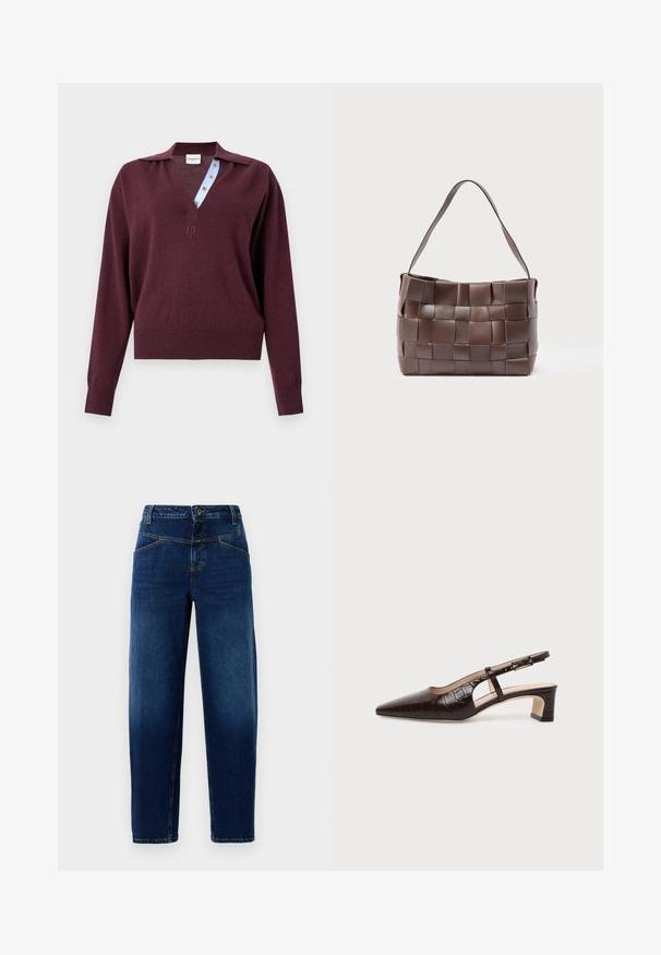 Pull en maille bordeaux à manches longues avec un profond col en V, dévoilant une patte de boutonnage intérieure rayée bleue et un petit logo brodé sous l'encolure.; Jean en denim bleu foncé avec une coupe droite, cinq poches, fermeture par bouton supérieur et coutures orange.; Chaussure slingback en cuir marron foncé à texture crocodile, bout pointu, talon bas bloc et bride ajustable avec boucle dorée.; Sac à bandoulière en cuir marron avec de larges bandes tissées formant un motif en grille et une seule sangle plate.