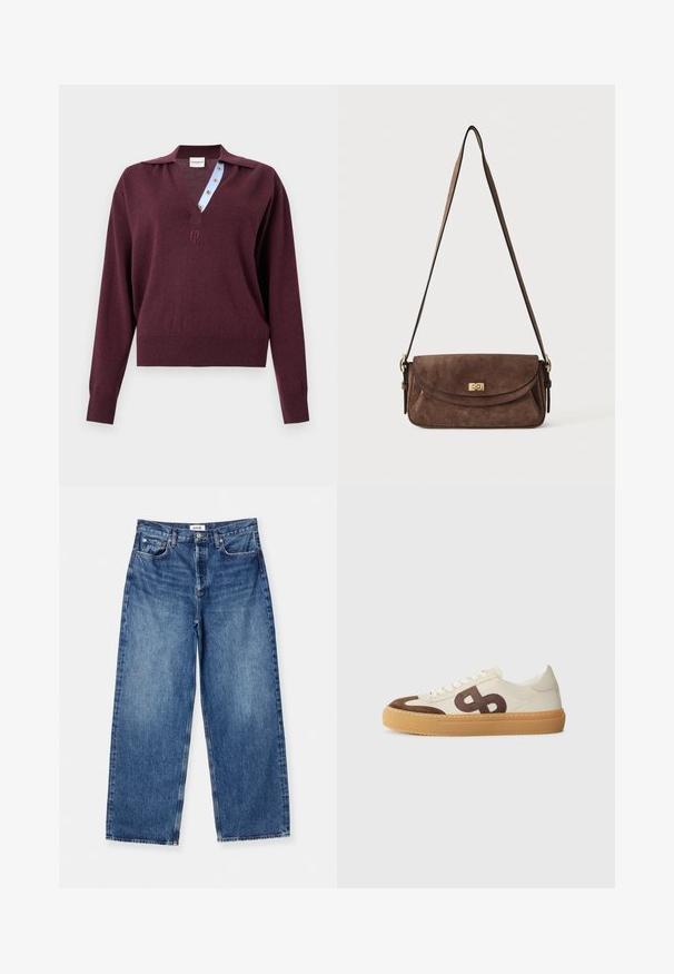 Langærmet bordeauxstrikket sweater med dyb V-hals, der viser en blåstribet indvendig knapstolpe og et lille broderet logo under halsudskæringen.; Lysblå vid ben jeans lavet af denim, med et klassisk fem-lomme design, synlig syning og en mid-rise talje.; Sko med en overdel i cremefarvet kanvas, brune suedelogoer, et stort stiliseret logo og en beige gummisål med tekstureret greb.; Brun ruskind skuldertaske med en lang, justerbar strop og en guldfarvet drejelås på frontklappen.