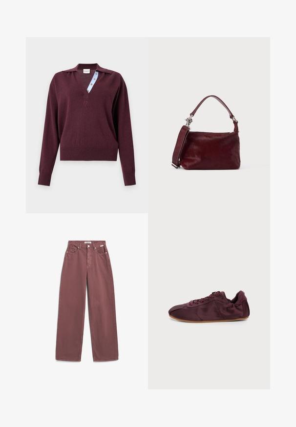 Langemouw gebreide bordeauxrode trui met een diepe V-hals die een blauw gestreepte binnenste knopenlijst en een klein geborduurd logo onder de halslijn toont.; Wijde, hoge taille broeken in donker mauve, gemaakt van katoen. Voorzien van zijzakken, een knoopsluiting en gestikte naden.; Donkerrode lage sneaker met veters aan de voorkant en een bruine rubberen zool op een effen lichtgrijze achtergrond.; Kleine rechthoekige bordeauxrode handtas met gestructureerde afwerking, korte handgreep en afneembare schouderriem op een effen lichte achtergrond.