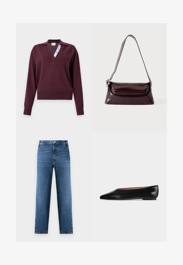 Pull en maille bordeaux à manches longues avec un profond col en V, dévoilant une patte de boutonnage intérieure rayée bleue et un petit logo brodé sous l'encolure.; Jean droit bleu à taille haute, fabriqué en denim. Présente une fermeture à bouton et zip à l'avant, avec un léger délavage sur le tissu.; Chaussure plate en cuir noir pour femme, avec bout pointu et petit talon, vue de côté sur un fond gris clair uni.; Sac à bandoulière en cuir bordeaux foncé avec fermeture à rabat et une fine sangle réglable, présenté sur un fond clair uni.