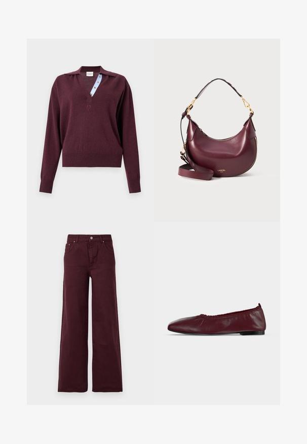Langærmet bordeauxstrikket sweater med dyb V-hals, der viser en blåstribet indvendig knapstolpe og et lille broderet logo under halsudskæringen.; Bordeaux vide bukser med høj talje, metal knaplukning, forlommer og et glat, let tekstureret stof.; Bourgogne læder balletflad sko med samlet elastisk topkant og tynd sort sål på hvid baggrund.; Mørk lilla læder håndtaske i halvmåneform med guld lynlås, aftagelig skulderrem og guld "LANCEL PARIS" logo på forsiden.