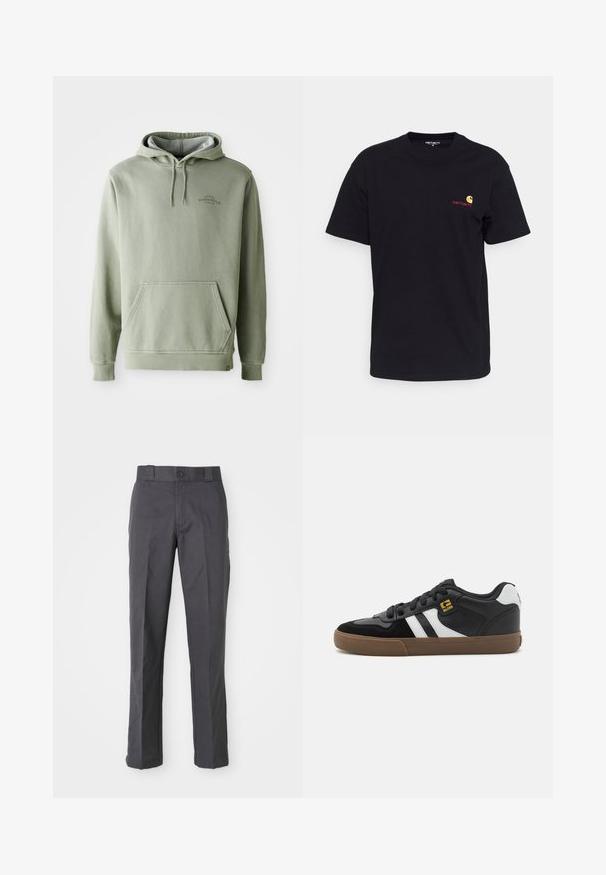 Hele roheline puuvillane kapuutsiga pusa. Omab känguru taskut, reguleeritavat kapuutsi ja ribakrae. Lihtne disain, millel on "tööriietuse" teksti detail.; Must have musta t-särk lühikeste varrukatega, ümmargune kaelus ja väike värviline logo vasakul rinnal. Klassikaline lõige ja sile tekstuur.; Tumedat hallid puuvillasegustest pükstest, mis on sirge sääre disainiga, ees olevate taskutega ja nööpkinnitusega vööl.; Mustvalged ja valged tossud, mille pealisosa on valmistatud sametist ja nahast, valgete triipudega, mustade paeltega ja pruunist kummist tallaga. Kuldse logo aktsendid.