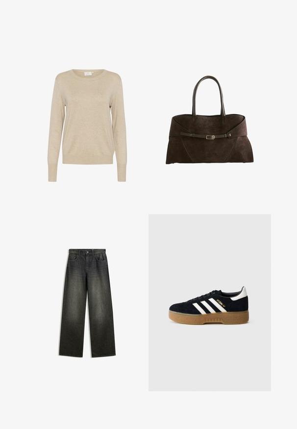 Beige trui van zacht gebreid materiaal, met een ronde halslijn, lange mouwen en een relaxed fit. Effen textuur zonder zichtbare patronen.; Wijduitlopende spijkerbroek in donkergrijs denim met een vervaagde afwerking, vijf zakken en een knoopsluiting op de tailleband.; Zwarte suède sneaker met witte drie strepen en gouden merktekens. Gele zool met gestructureerde grip. Klassiek laag model, afgeronde neus.; Donkerbruine suède handtas met twee handvatten en een dunne riem met gesp aan de voorkant tegen een witte achtergrond.